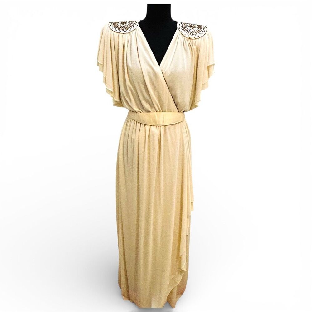 Vintage Lillie Rubin 80s Grecian Wrap Dress Silk Beads Embellished Shoulder Pads